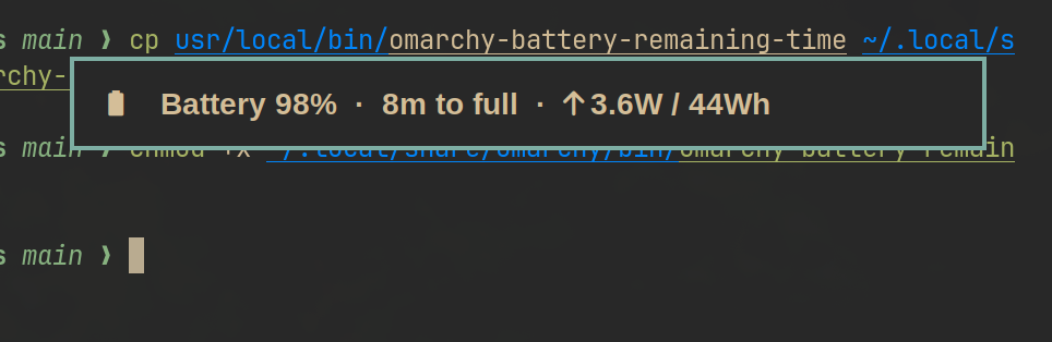 Waybar tooltip after fix, showing '8m to full' for the same battery state.