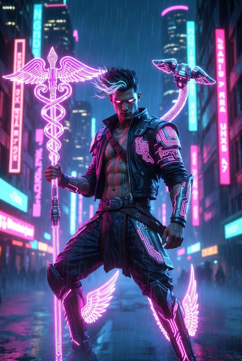 Hermes en versión cyberpunk con caduceo de neón en una ciudad lluviosa