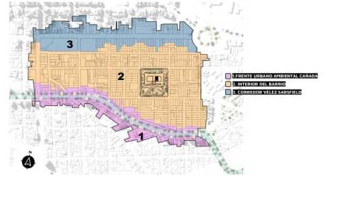 Plano del PAC Güemes Sur con sus tres sub-zonas: Frente Urbano Ambiental Cañada, Interior del Barrio y Corredor Vélez Sarsfield